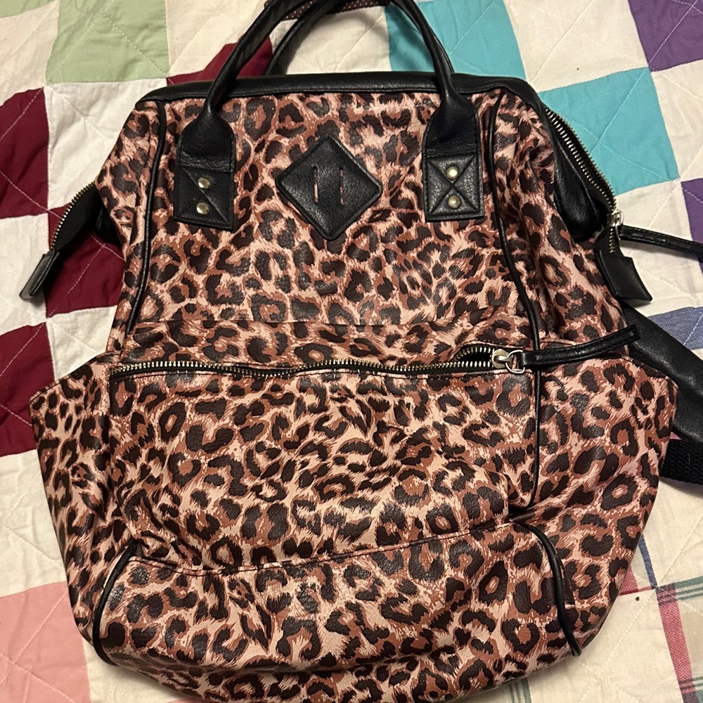 Stylish Leopard Print Backpack with Black Details